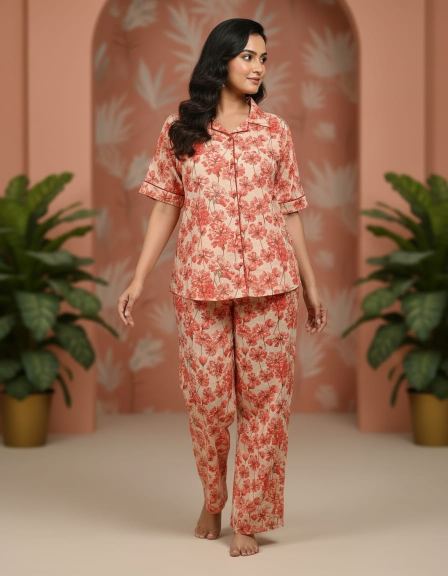 Multicolor Cambric 100% Cotton Night Suit Set For Women