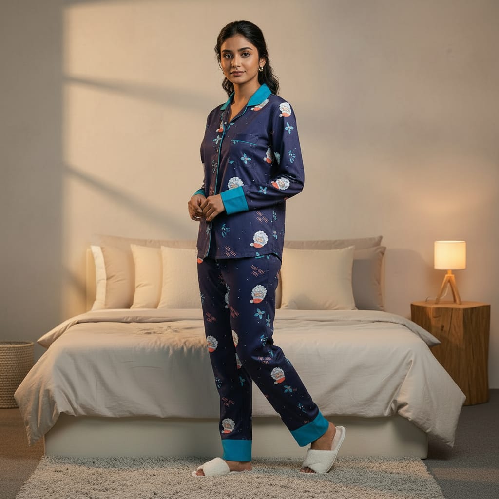 Blue Poly Twill Night Suit Set For Women