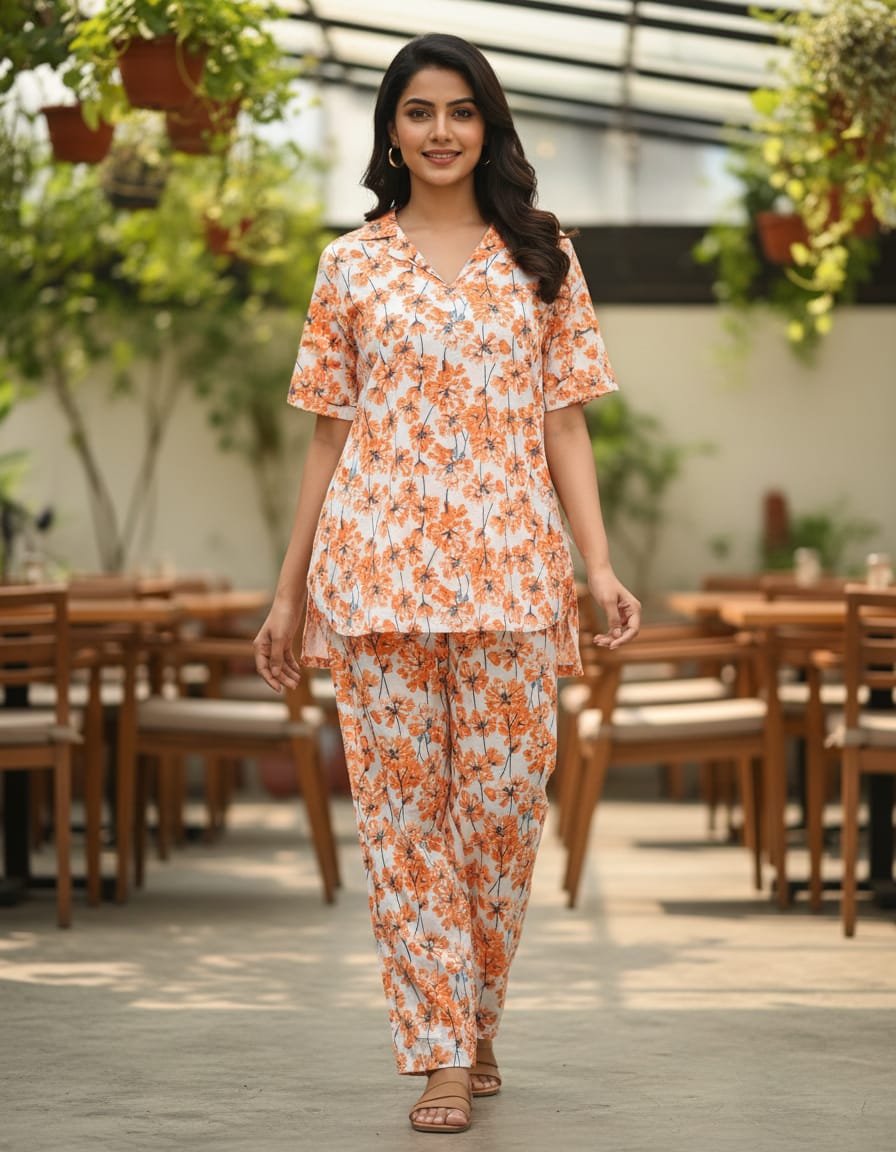 Red And White Cambric 100% Cotton Night Suit Set For Women