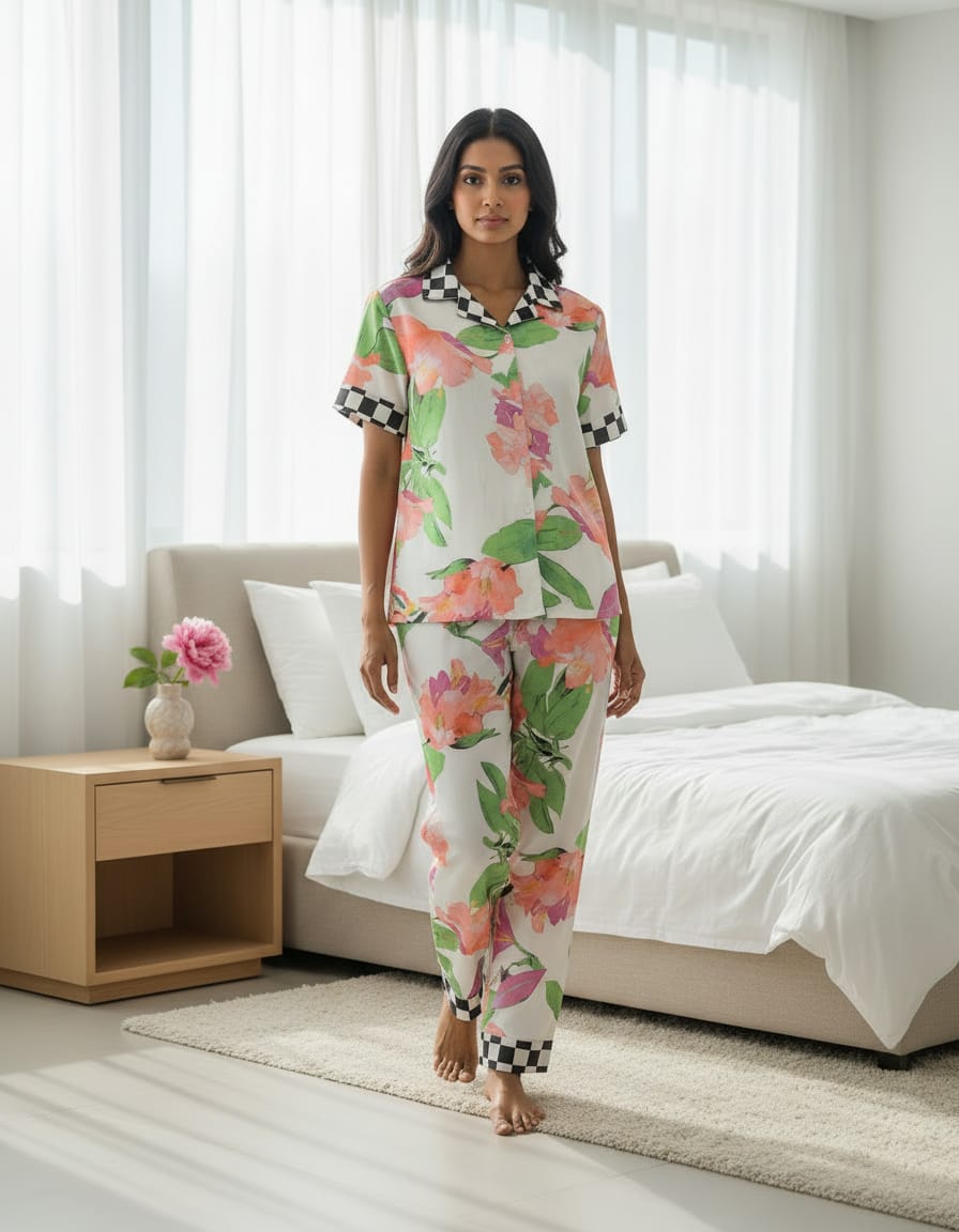 Multicolor Imported Satin Pajama Set For Women