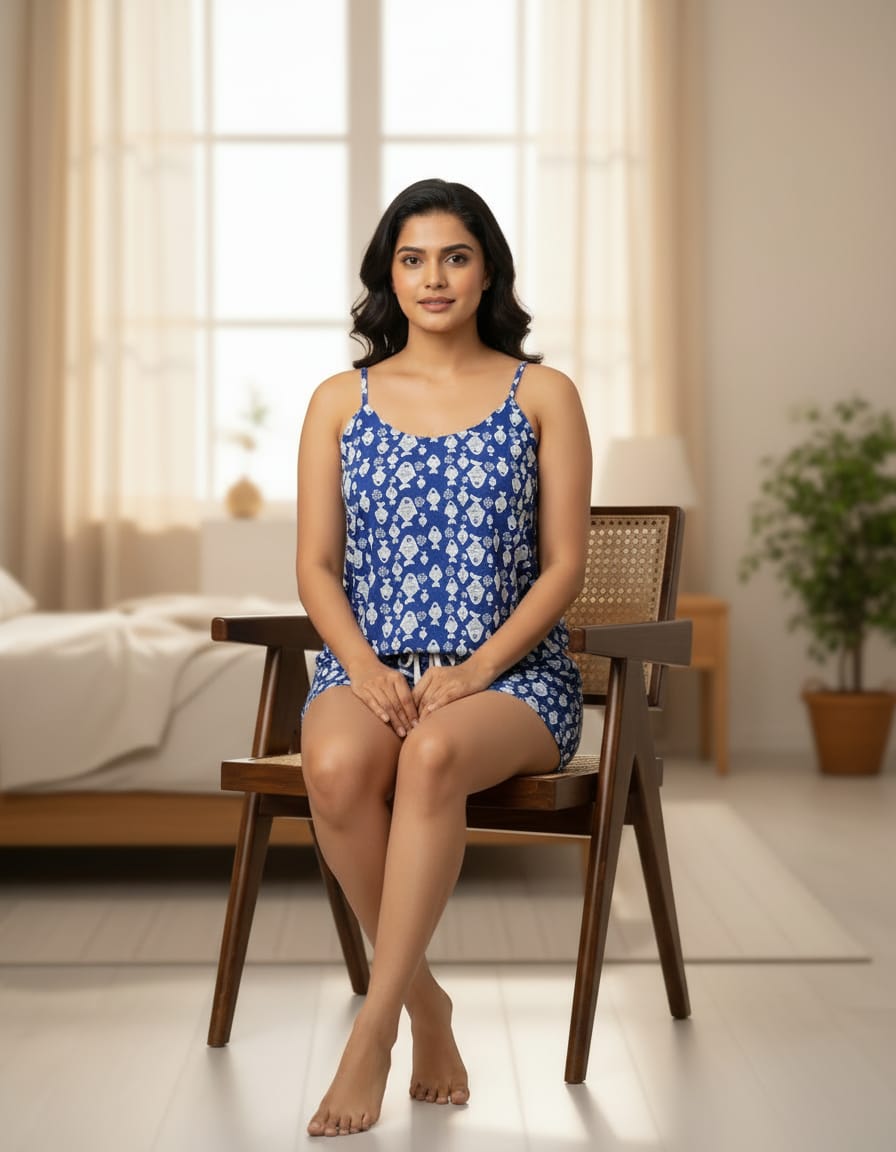 Blue Rayon Camisole And Shorts Set For Women
