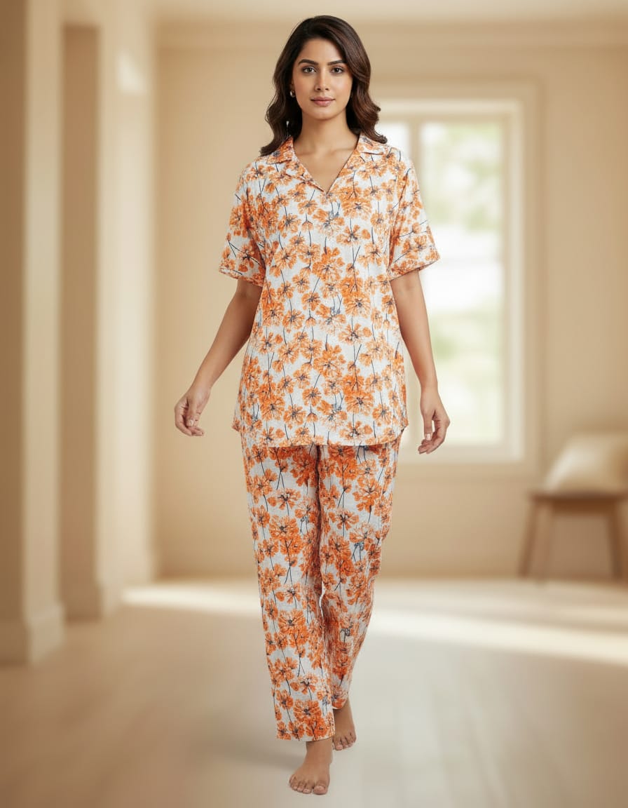 Red And White Cambric 100% Cotton Night Suit Set For Women