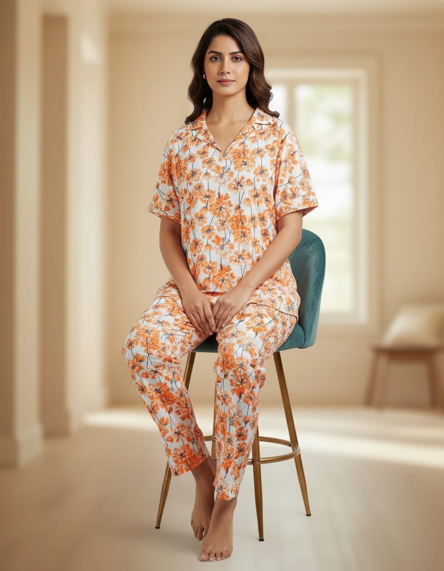 Red And White Cambric 100% Cotton Night Suit Set For Women