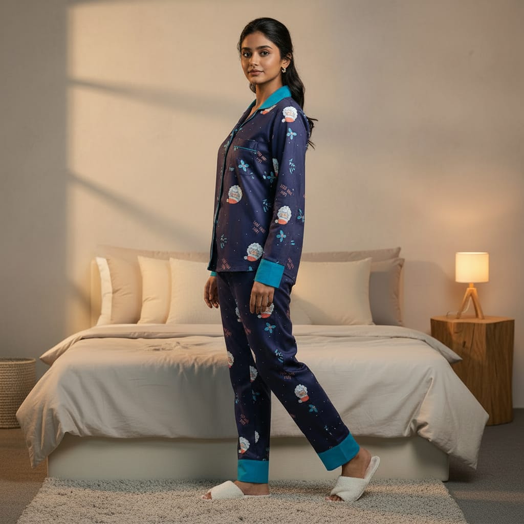 Blue Poly Twill Night Suit Set For Women