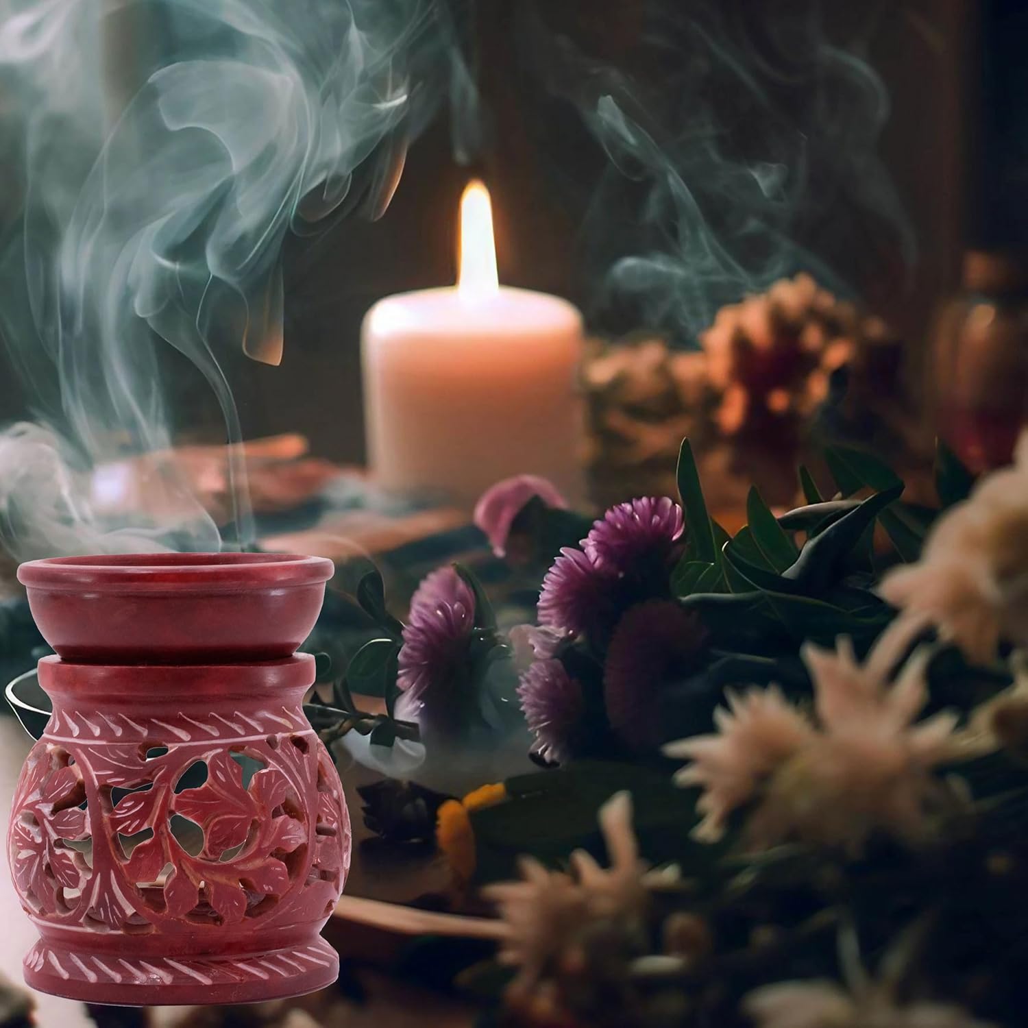 Hand-Carved Soapstone Aromatherapy Diffuser, Essential Oil Burner Aroma Diffuser for Home Fragrance (Floral) — photo — 4 of 7