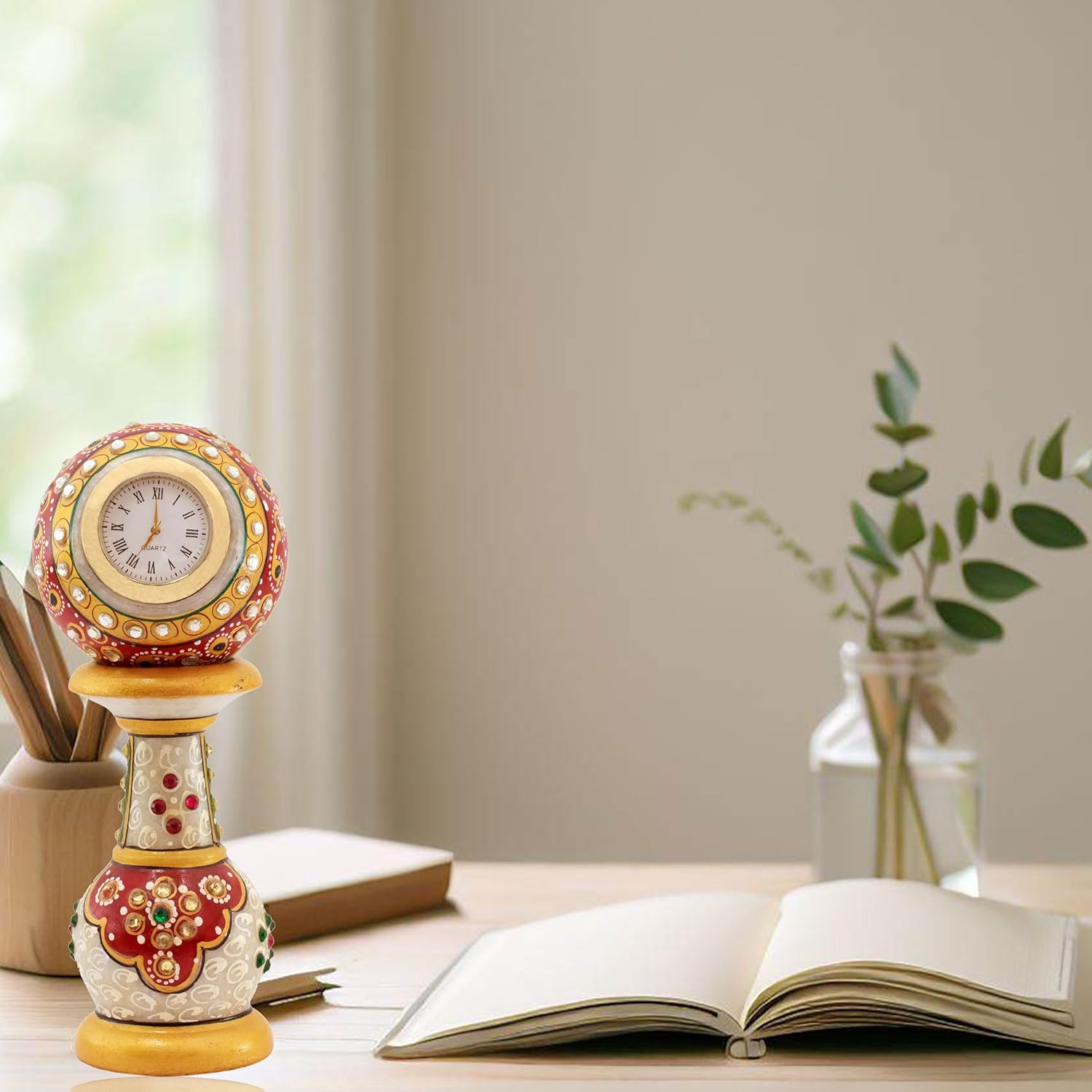 Table Clock Decorative Showpiece Rajasthani Fine Meenakari Work Marble Clock Home Decor for Study Table, Work Desk, Living Room, (6 inch) (Desk Clock) — photo — 3 of 6