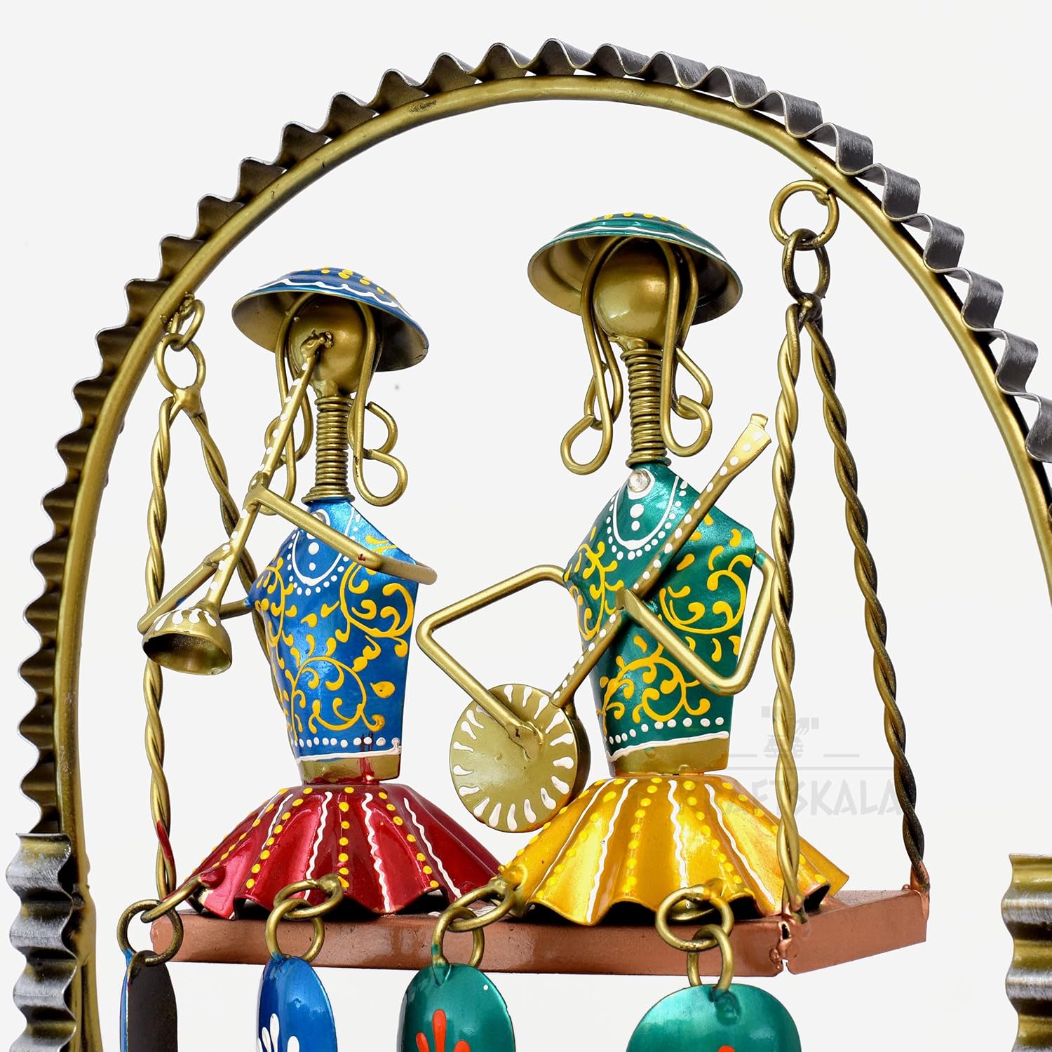 Rajasthani Home Decor Swing Set with 2 Dolls, 12 Inch Metal Handicraft Jhula Decorative Showpiece for Living Room, Center Table, Multicolour — photo — 7 of 9