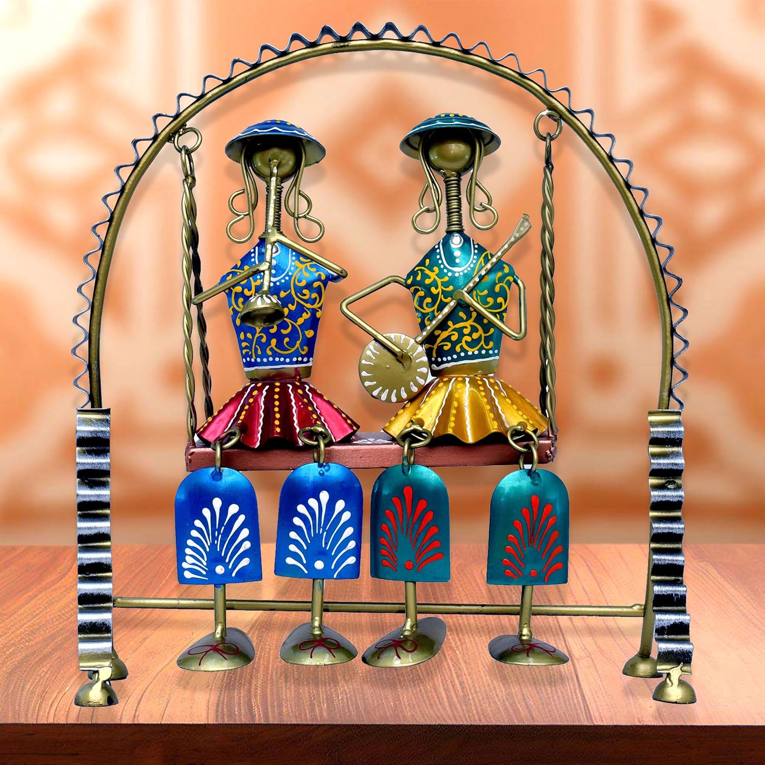 Rajasthani Home Decor Swing Set with 2 Dolls, 12 Inch Metal Handicraft Jhula Decorative Showpiece for Living Room, Center Table, Multicolour — photo — 2 of 9