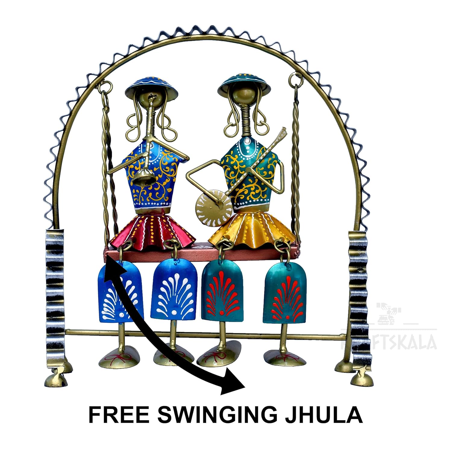 Rajasthani Home Decor Swing Set with 2 Dolls, 12 Inch Metal Handicraft Jhula Decorative Showpiece for Living Room, Center Table, Multicolour — photo — 4 of 9