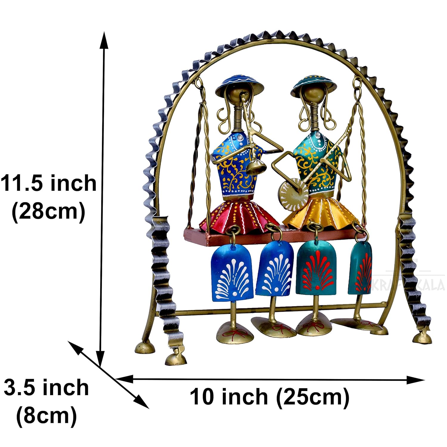Rajasthani Home Decor Swing Set with 2 Dolls, 12 Inch Metal Handicraft Jhula Decorative Showpiece for Living Room, Center Table, Multicolour — photo — 5 of 9