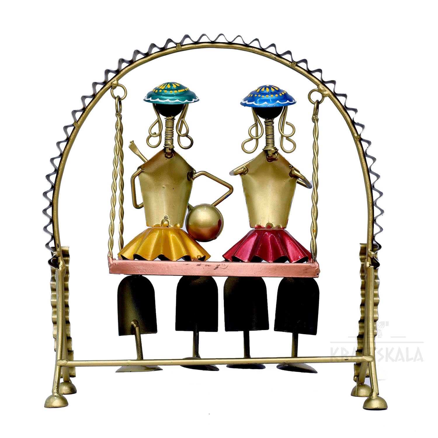 Rajasthani Home Decor Swing Set with 2 Dolls, 12 Inch Metal Handicraft Jhula Decorative Showpiece for Living Room, Center Table, Multicolour — photo — 9 of 9