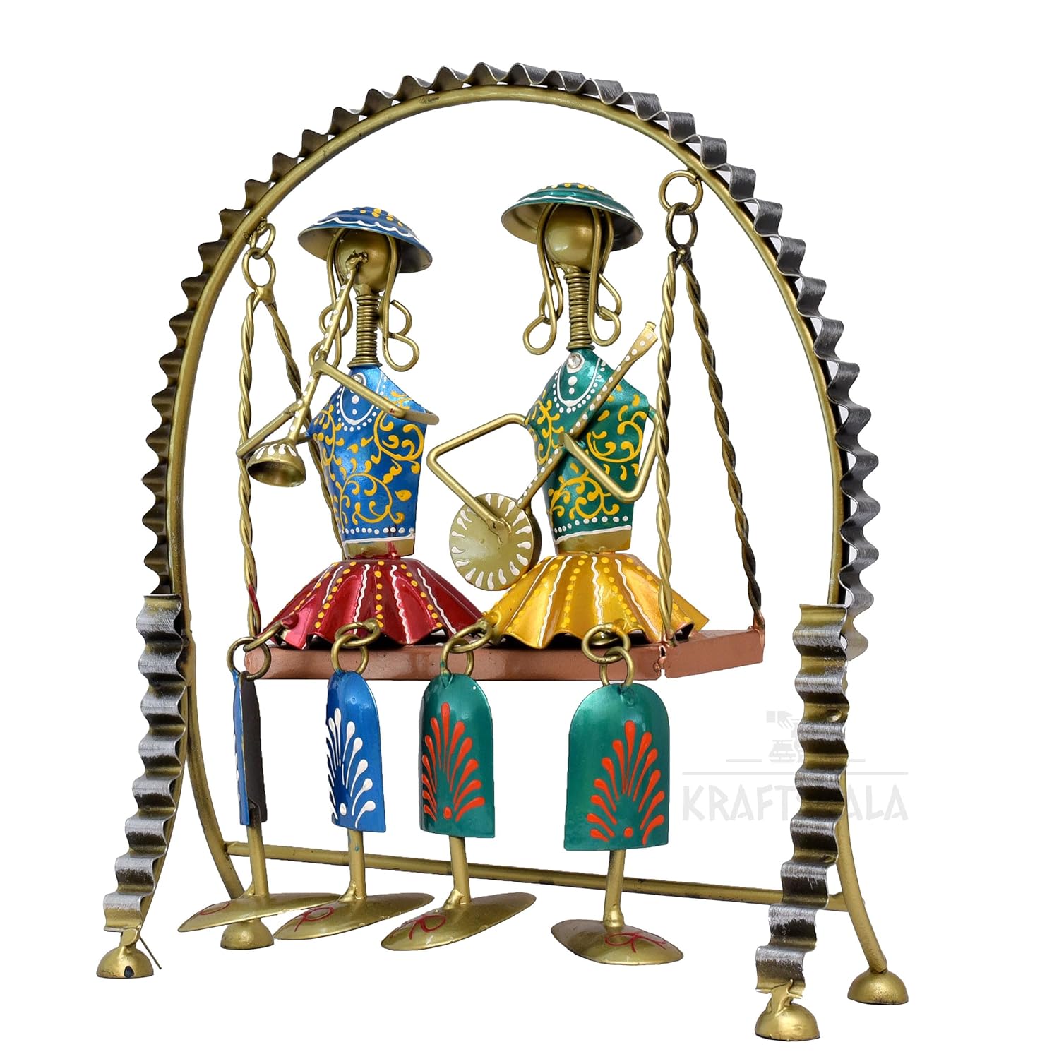 Rajasthani Home Decor Swing Set with 2 Dolls, 12 Inch Metal Handicraft Jhula Decorative Showpiece for Living Room, Center Table, Multicolour — photo — 6 of 9