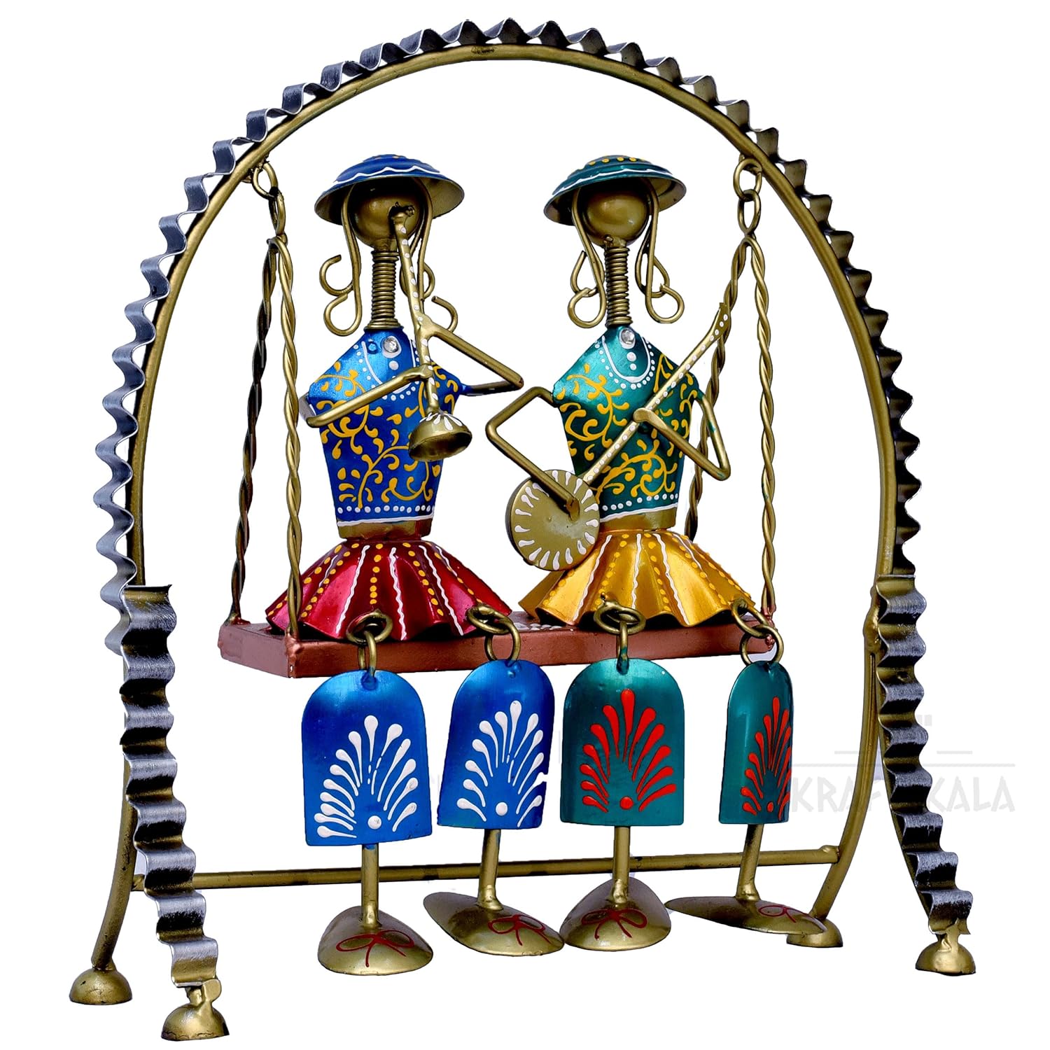 Rajasthani Home Decor Swing Set with 2 Dolls, 12 Inch Metal Handicraft Jhula Decorative Showpiece for Living Room, Center Table, Multicolour — photo — 3 of 9