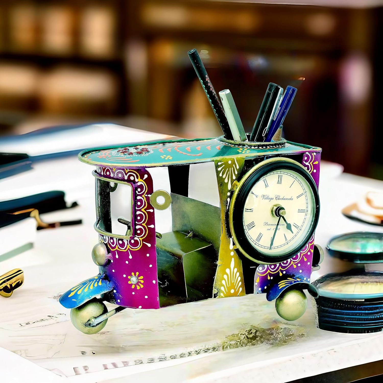 Desk Pen Stand with Table Clock, Decorative Auto Rickshaw Showpiece Stationery Holder Brush Pencil Stand for Work Desk Study Table Students Office Organizer Home Decor — photo — 5 of 8