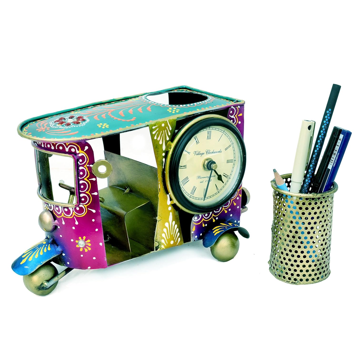 Desk Pen Stand with Table Clock, Decorative Auto Rickshaw Showpiece Stationery Holder Brush Pencil Stand for Work Desk Study Table Students Office Organizer Home Decor — photo — 3 of 8