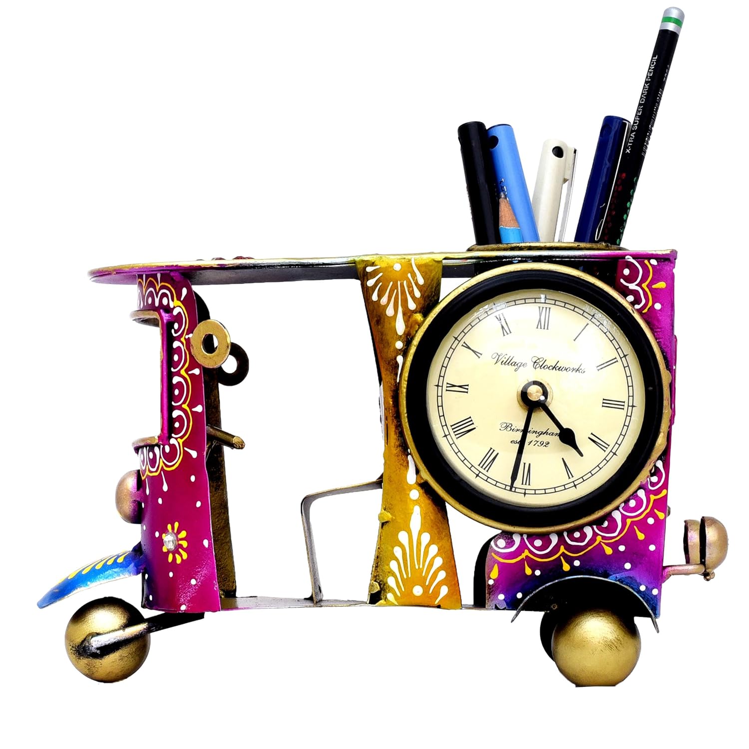 Desk Pen Stand with Table Clock, Decorative Auto Rickshaw Showpiece Stationery Holder Brush Pencil Stand for Work Desk Study Table Students Office Organizer Home Decor — photo — 8 of 8