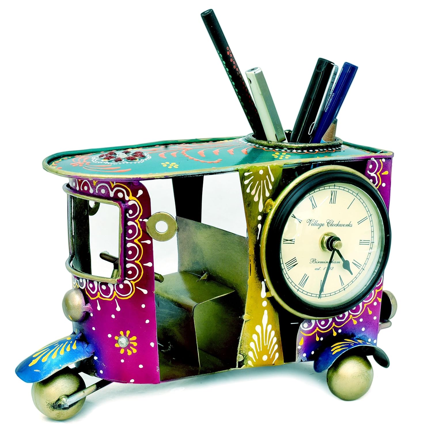 Desk Pen Stand with Table Clock, Decorative Auto Rickshaw Showpiece Stationery Holder Brush Pencil Stand for Work Desk Study Table Students Office Organizer Home Decor — photo — 2 of 8