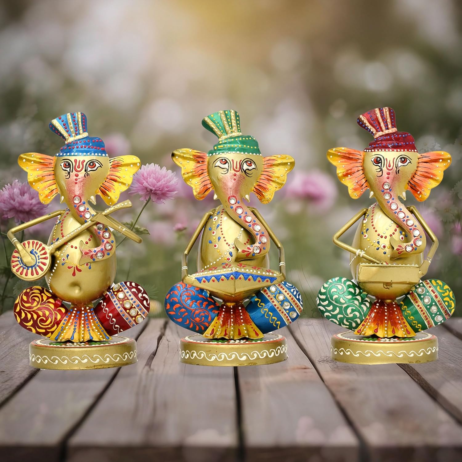 Musical Ganesha Statues Set of 3 Hand Painted Wrought Iron Figurines for Home Decor, Living Room Decoration, Office, Shops and Gifts, Multicolour