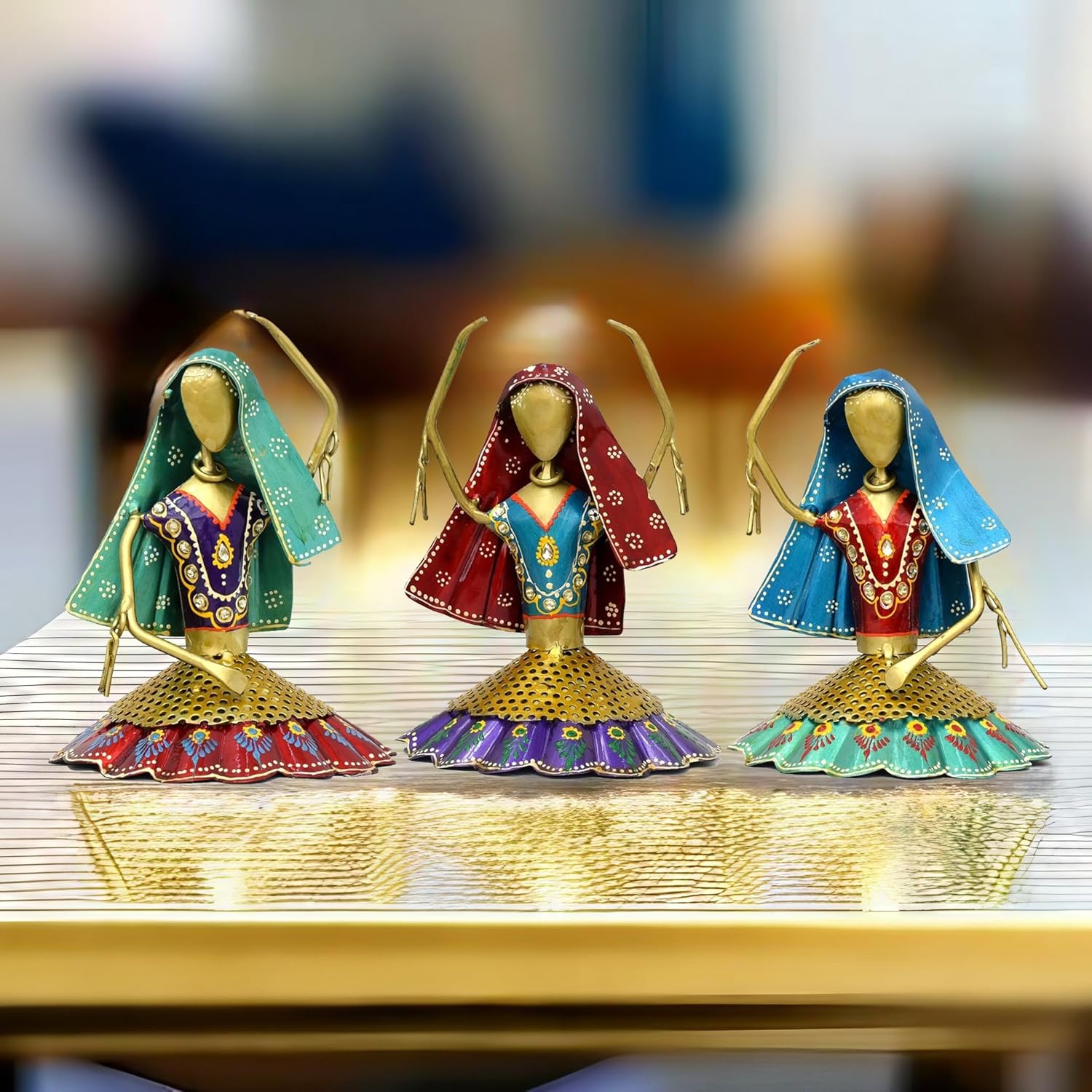 Set of 3 Kalbeliya Dancers Metal Decor Items for Living Room Showcase, Bedroom, Tabletop Decor, Traditional Rajasthani Dancers Decorative Showpieces (Kalbeliya)