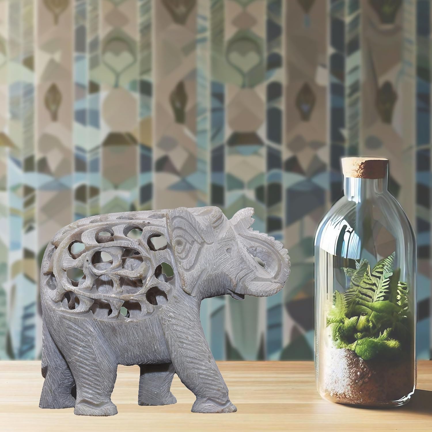 Single Stone Elephant & Baby Jali Elephant Soapstone Showpiece for Home Decor Table Office Desk
