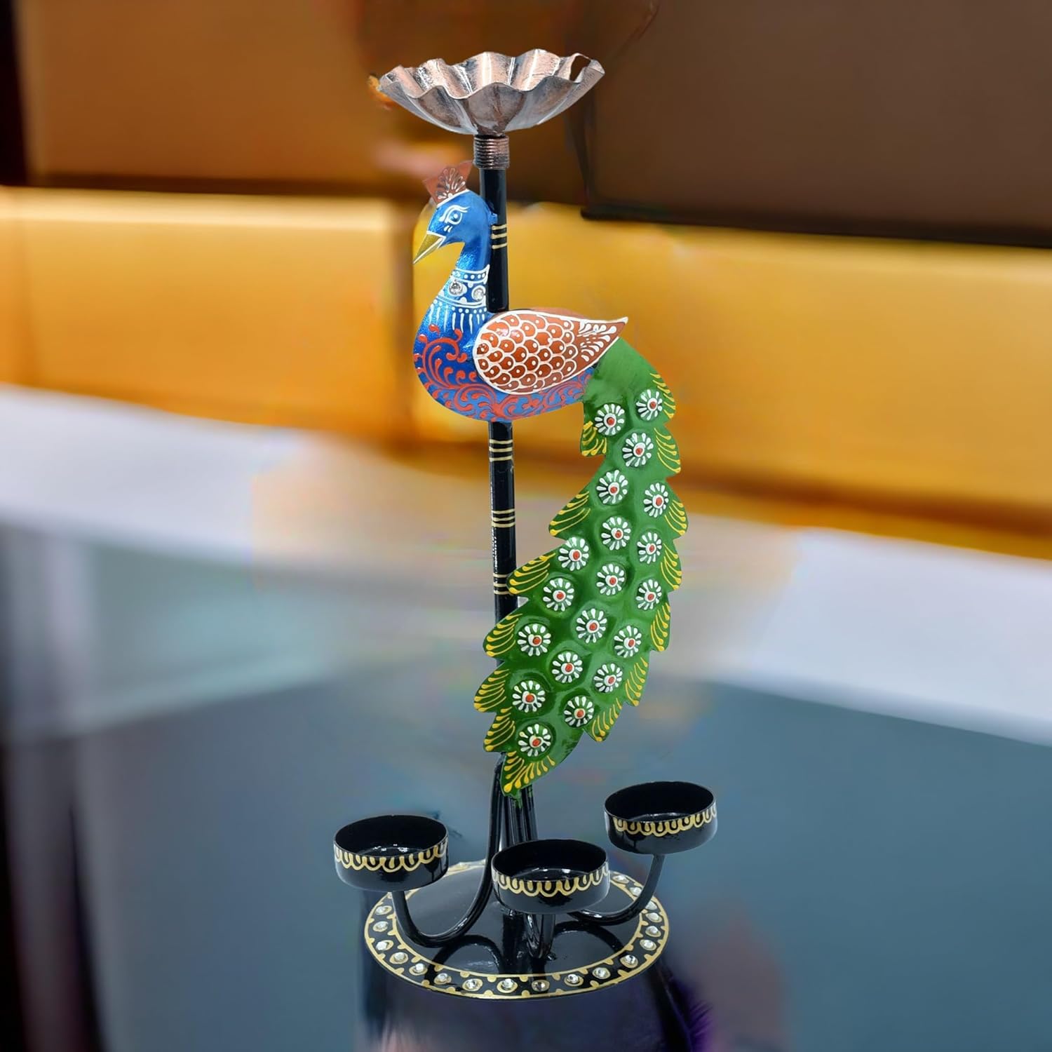 Tea Light Candle Holder Decorative Peacock Showpiece Metal Figurine 4 Candle Diya Burner Slots for Living Room, Diwali Gifts, Home Decor — photo — 5 of 6