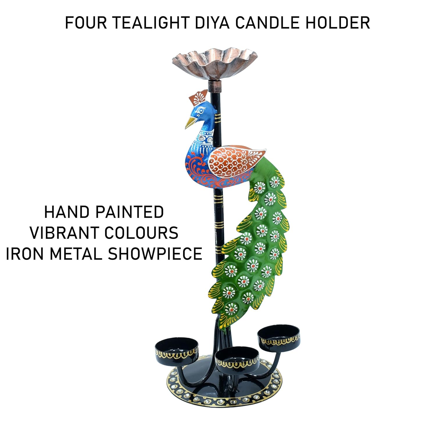 Tea Light Candle Holder Decorative Peacock Showpiece Metal Figurine 4 Candle Diya Burner Slots for Living Room, Diwali Gifts, Home Decor — photo — 3 of 6