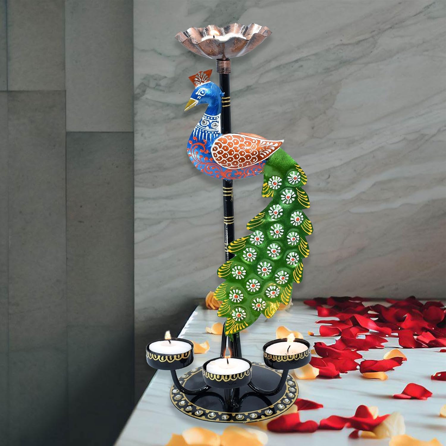 Tea Light Candle Holder Decorative Peacock Showpiece Metal Figurine 4 Candle Diya Burner Slots for Living Room, Diwali Gifts, Home Decor — photo — 2 of 6