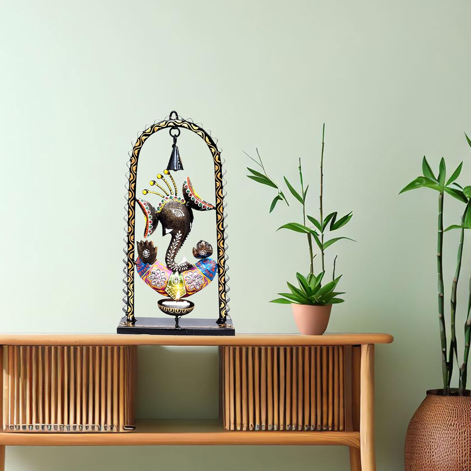Ganesh Tealight Candle Diya Holder Tabletop Wall Hanging Home Decor with Spiritual Bell, Tealight Holder Metal Showpiece for Living Room, Yoga, Gifts — photo — 2 of 8