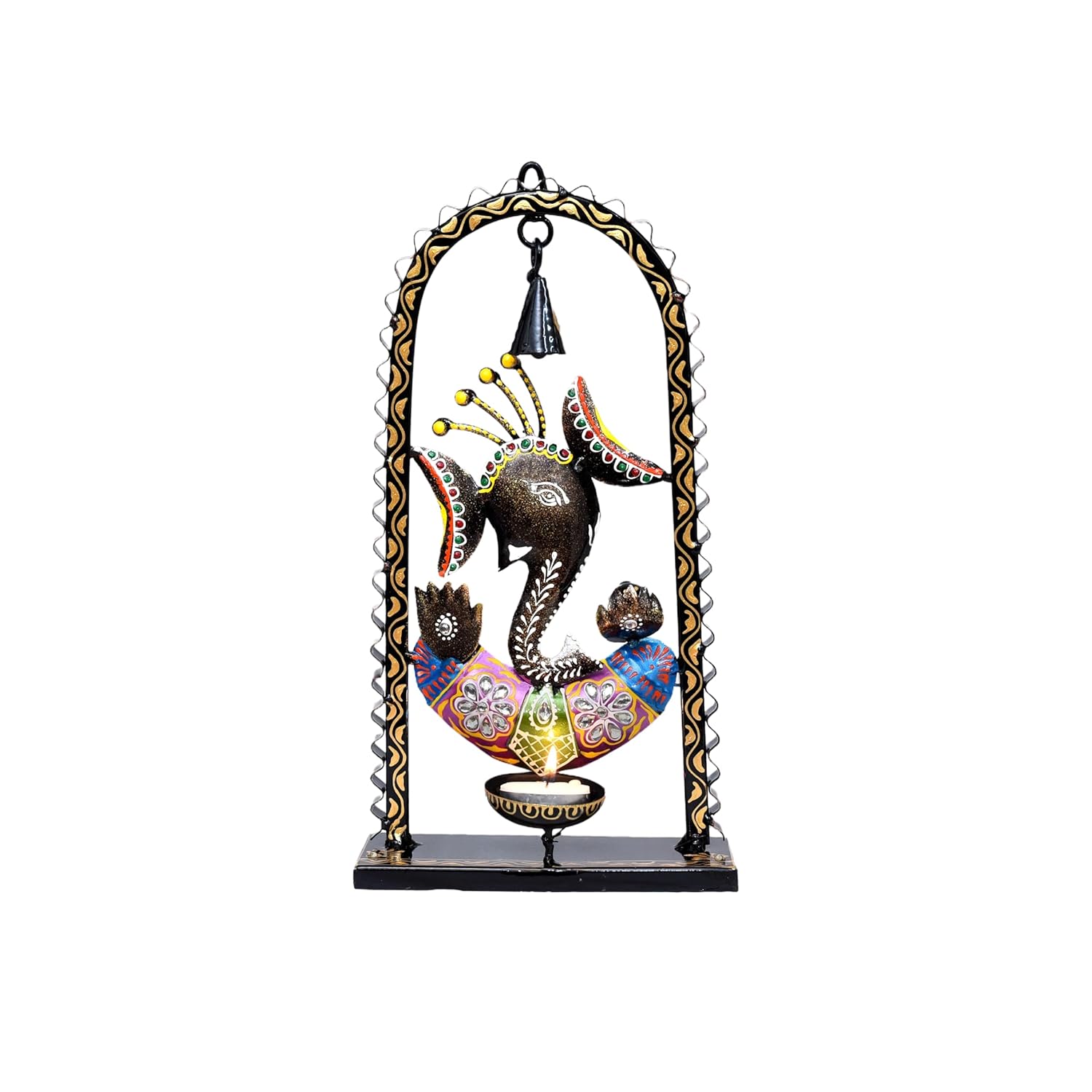 Ganesh Tealight Candle Diya Holder Tabletop Wall Hanging Home Decor with Spiritual Bell, Tealight Holder Metal Showpiece for Living Room, Yoga, Gifts — photo — 6 of 8