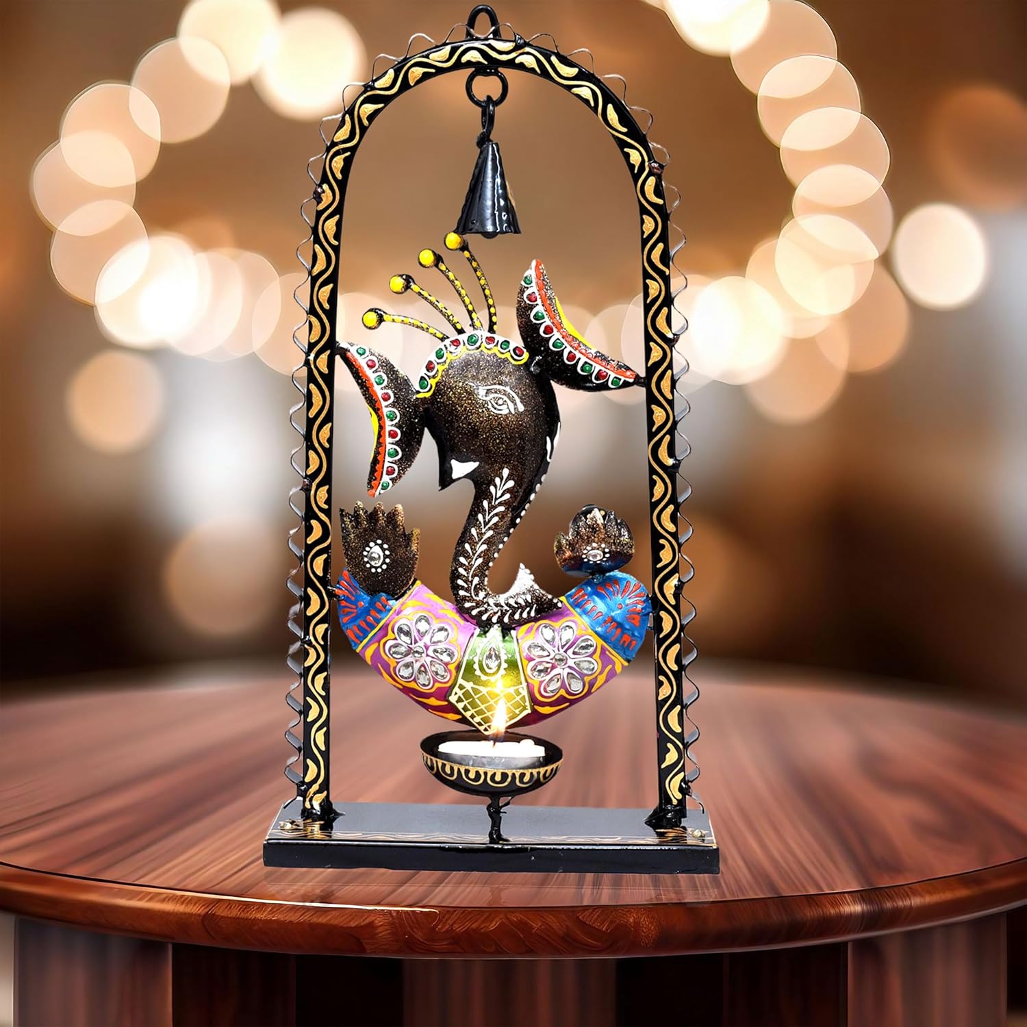 Ganesh Tealight Candle Diya Holder Tabletop Wall Hanging Home Decor with Spiritual Bell, Tealight Holder Metal Showpiece for Living Room, Yoga, Gifts — photo — 5 of 8