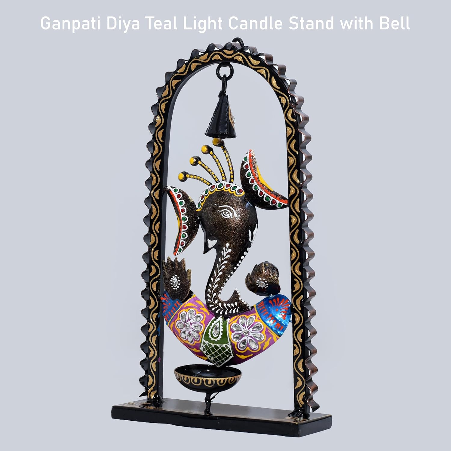 Ganesh Tealight Candle Diya Holder Tabletop Wall Hanging Home Decor with Spiritual Bell, Tealight Holder Metal Showpiece for Living Room, Yoga, Gifts — photo — 3 of 8