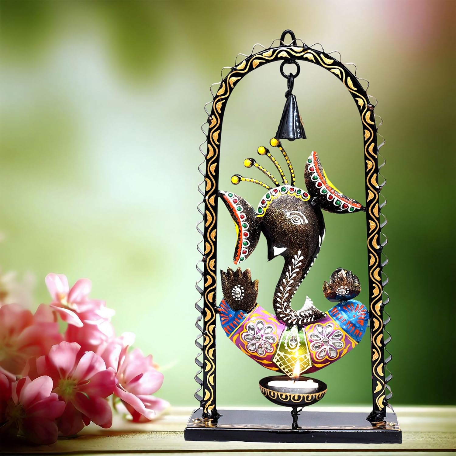 Ganesh Tealight Candle Diya Holder Tabletop Wall Hanging Home Decor with Spiritual Bell, Tealight Holder Metal Showpiece for Living Room, Yoga, Gifts — photo — 7 of 8