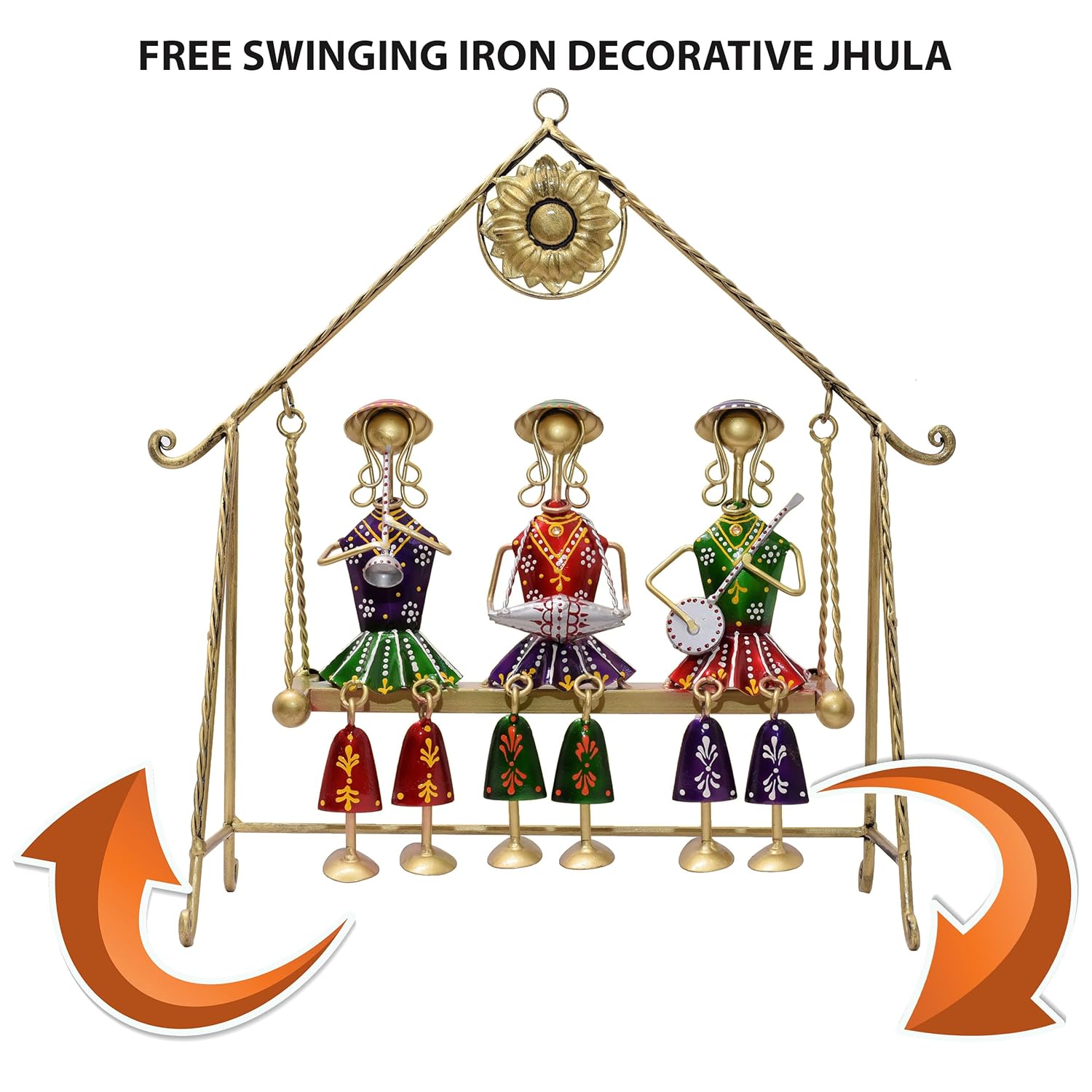 Three Rajasthani Musician Dolls Swing Set Home Decor Items for Living Room, Large 16 x 16 inch Metal Tabletop Showpiece Hanging Jhula for Centertable, Shelf, Gifting — photo — 3 of 7