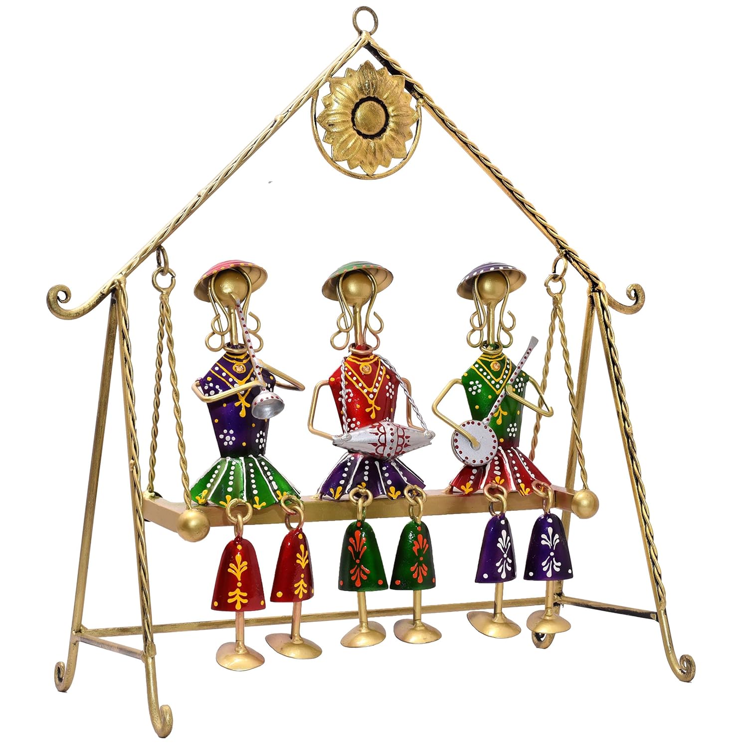 Three Rajasthani Musician Dolls Swing Set Home Decor Items for Living Room, Large 16 x 16 inch Metal Tabletop Showpiece Hanging Jhula for Centertable, Shelf, Gifting — photo — 2 of 7