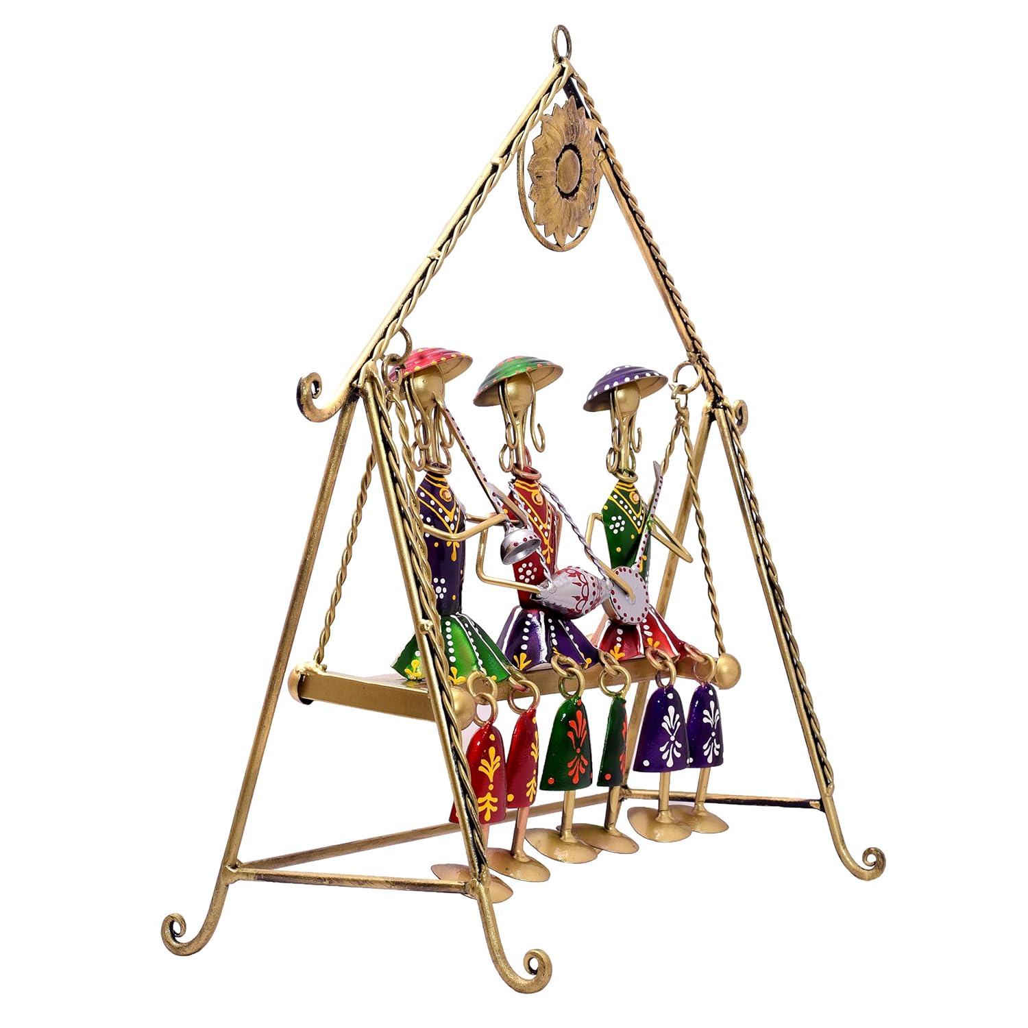 Three Rajasthani Musician Dolls Swing Set Home Decor Items for Living Room, Large 16 x 16 inch Metal Tabletop Showpiece Hanging Jhula for Centertable, Shelf, Gifting — photo — 7 of 7