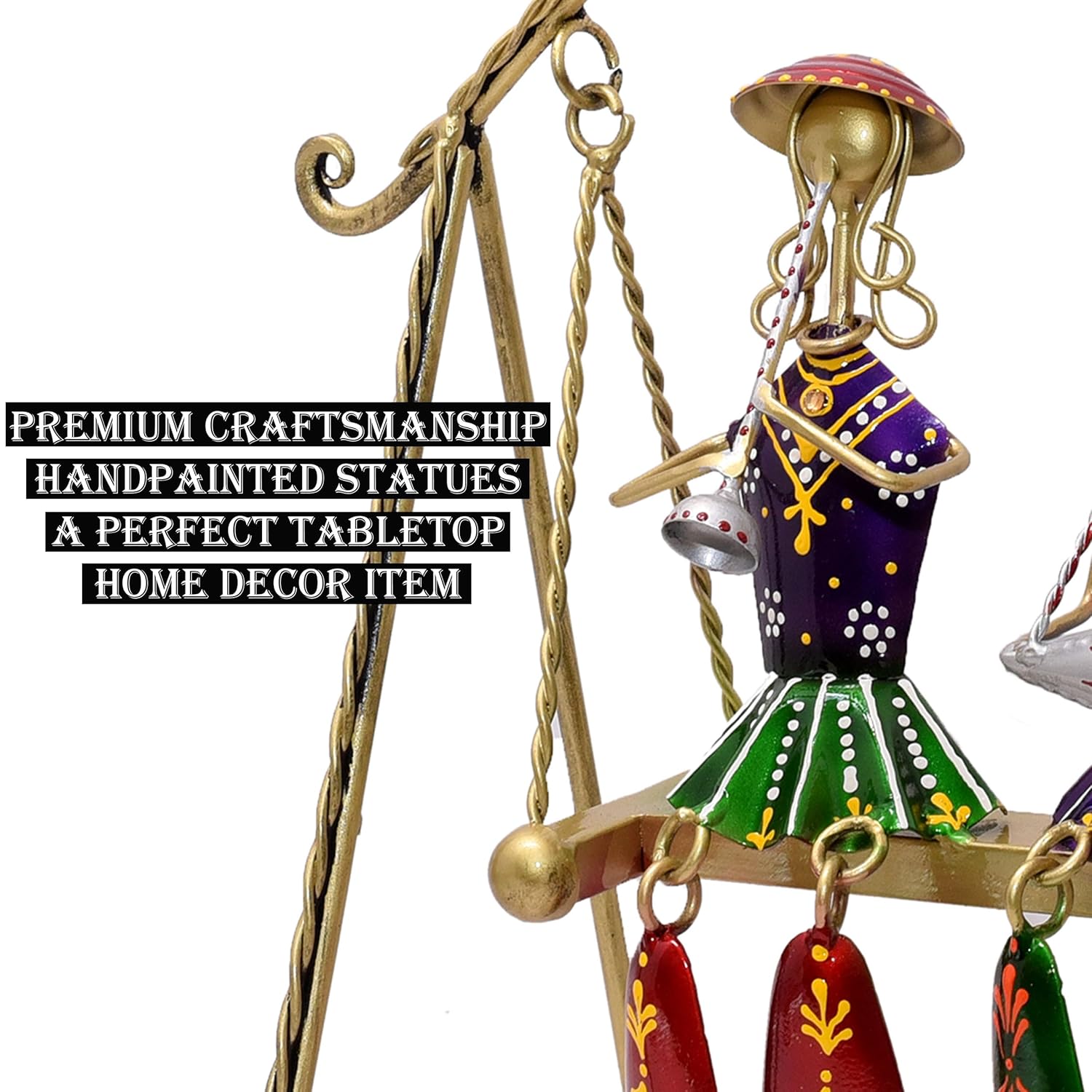Three Rajasthani Musician Dolls Swing Set Home Decor Items for Living Room, Large 16 x 16 inch Metal Tabletop Showpiece Hanging Jhula for Centertable, Shelf, Gifting — photo — 4 of 7