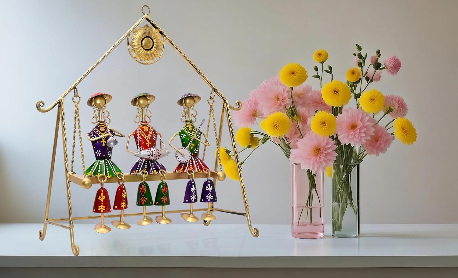 Three Rajasthani Musician Dolls Swing Set Home Decor Items for Living Room, Large 16 x 16 inch Metal Tabletop Showpiece Hanging Jhula for Centertable, Shelf, Gifting — photo — 5 of 7