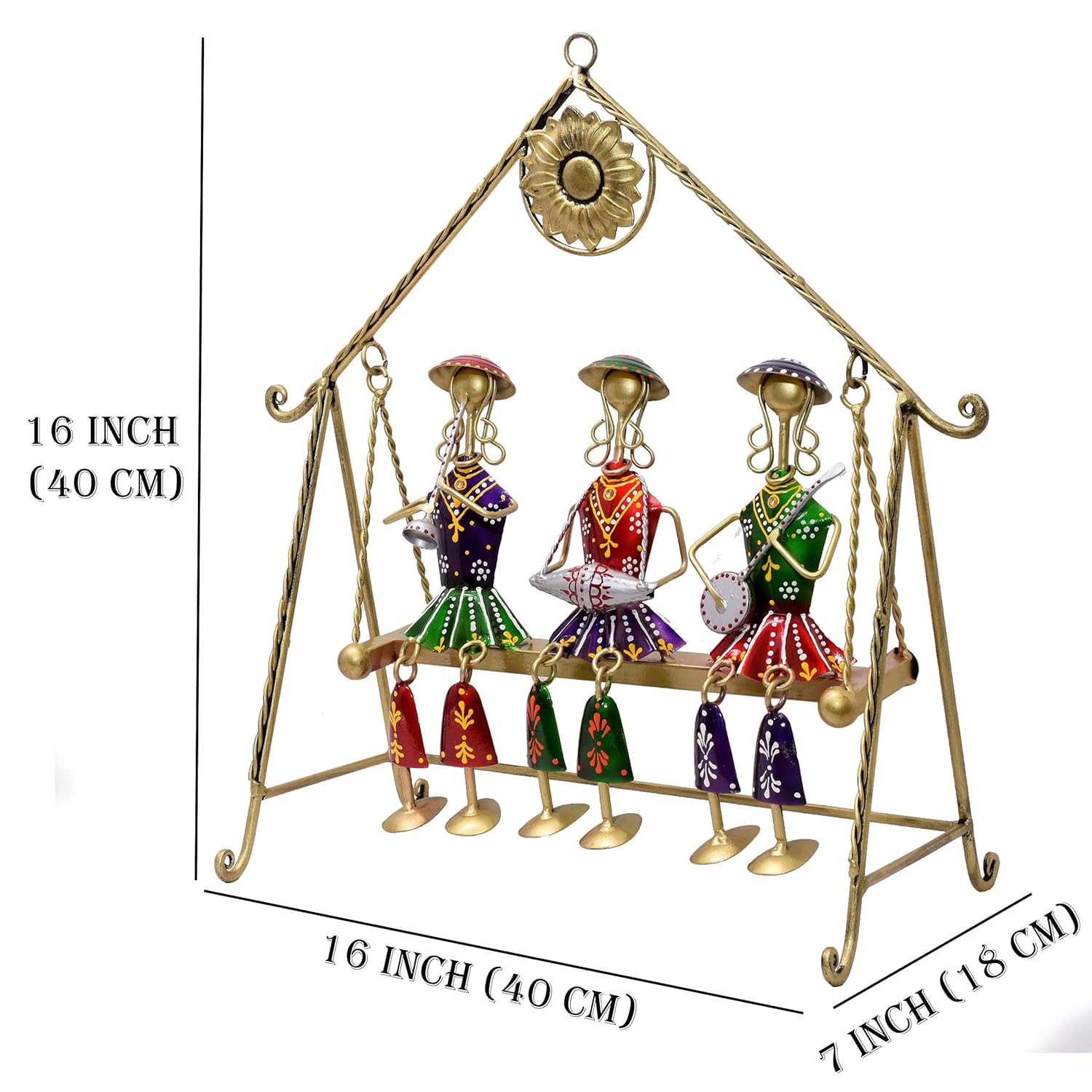 Three Rajasthani Musician Dolls Swing Set Home Decor Items for Living Room, Large 16 x 16 inch Metal Tabletop Showpiece Hanging Jhula for Centertable, Shelf, Gifting — photo — 6 of 7