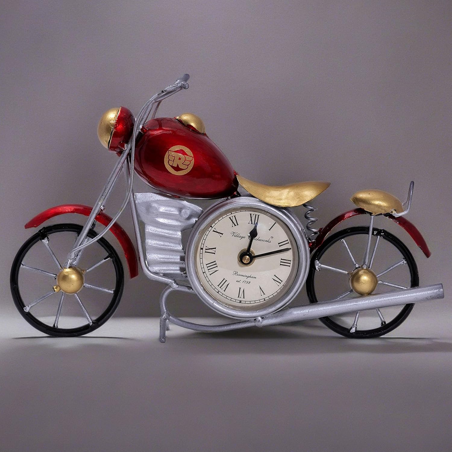 Vintage Royal Bullet Motor Bike with Antique Clock | Rustic Iron Metal Decor Showpiece for Study Table, Desk, Office, Gifts (Red)