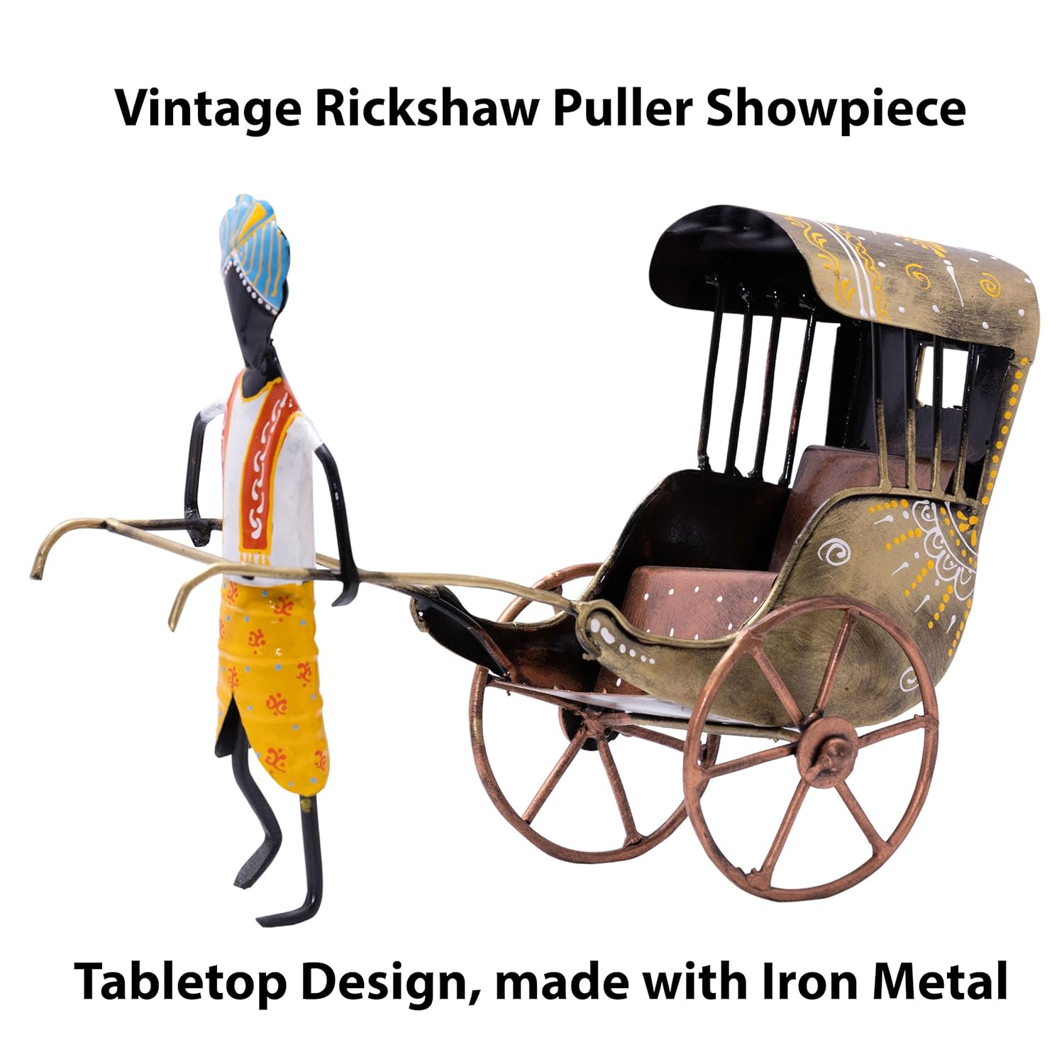 Handcrafted Iron Rickshaw Showpiece - Vintage Tabletop Rajasthani Hand Painted Decor for Home and Office, 12 Inches - Ideal for Living Room, Study Table, Gifting (Yellow) — photo — 2 of 8