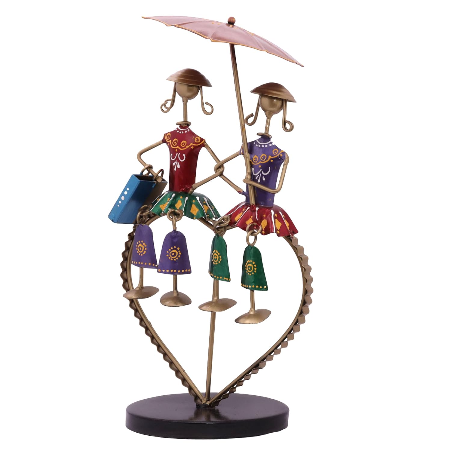Valentine Couple Love Dolls Showpiece, Vibrant Colourful Iron Metal Two Doll with Umbrella on a Heart Stand Tabletop Home Decor Gift Set — photo — 7 of 9