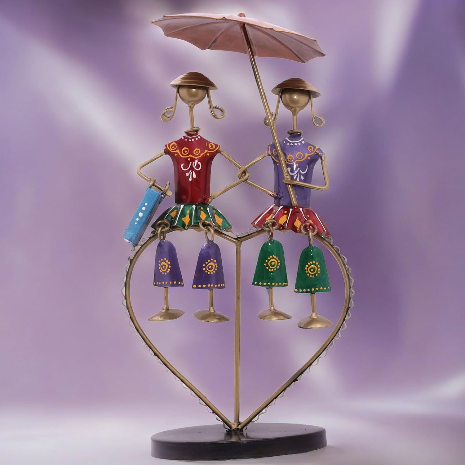 Valentine Couple Love Dolls Showpiece, Vibrant Colourful Iron Metal Two Doll with Umbrella on a Heart Stand Tabletop Home Decor Gift Set — photo — 2 of 9