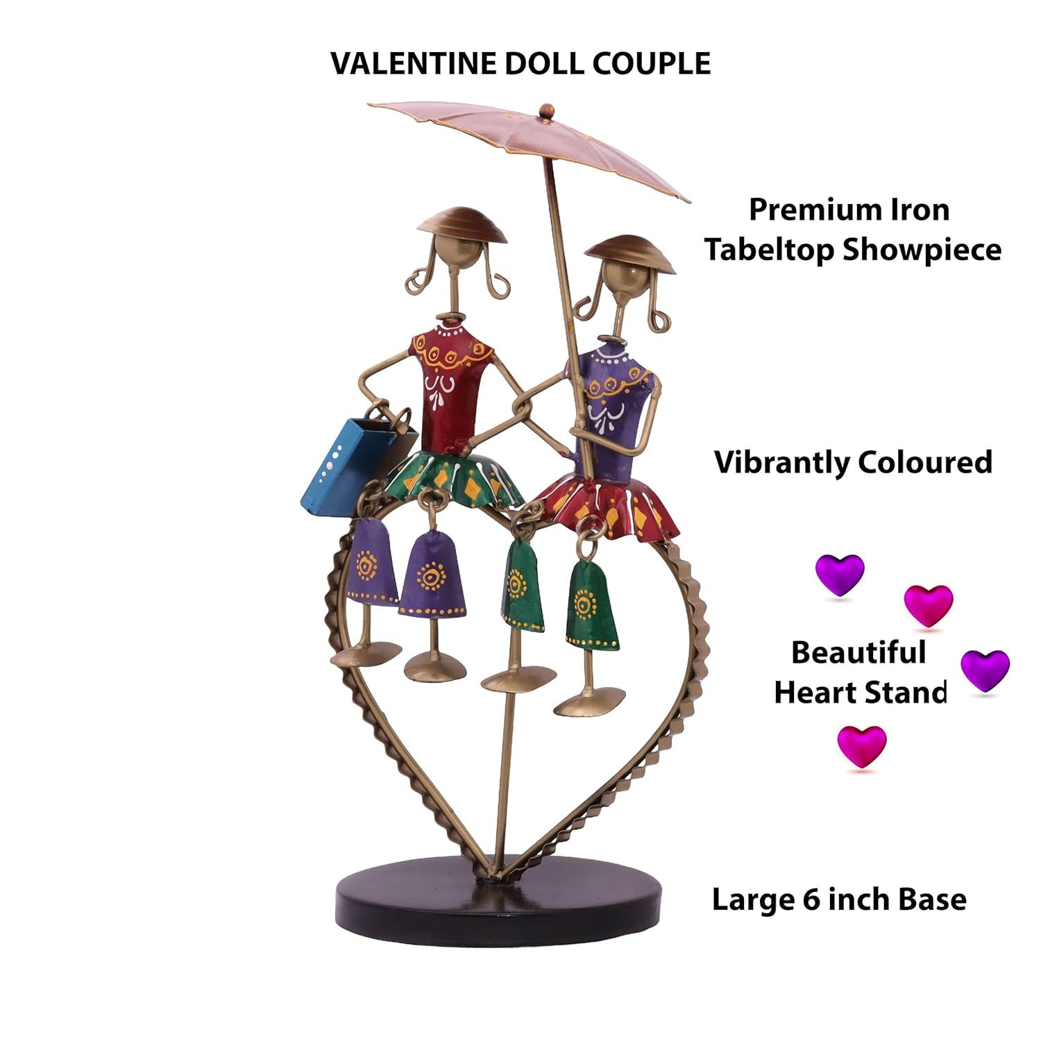 Valentine Couple Love Dolls Showpiece, Vibrant Colourful Iron Metal Two Doll with Umbrella on a Heart Stand Tabletop Home Decor Gift Set — photo — 5 of 9