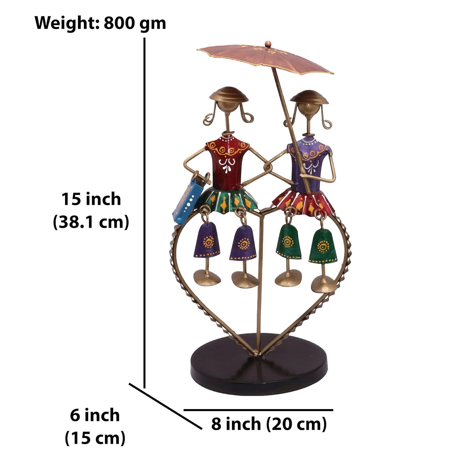 Valentine Couple Love Dolls Showpiece, Vibrant Colourful Iron Metal Two Doll with Umbrella on a Heart Stand Tabletop Home Decor Gift Set — photo — 4 of 9