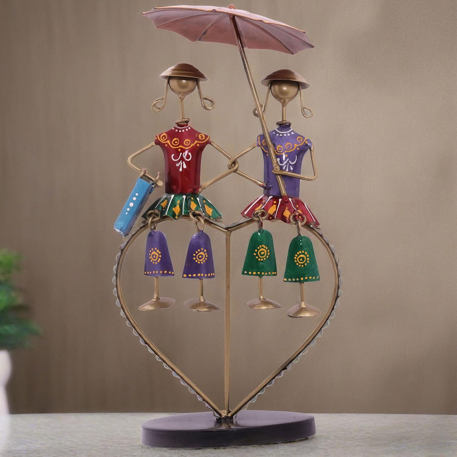 Valentine Couple Love Dolls Showpiece, Vibrant Colourful Iron Metal Two Doll with Umbrella on a Heart Stand Tabletop Home Decor Gift Set — photo — 3 of 9