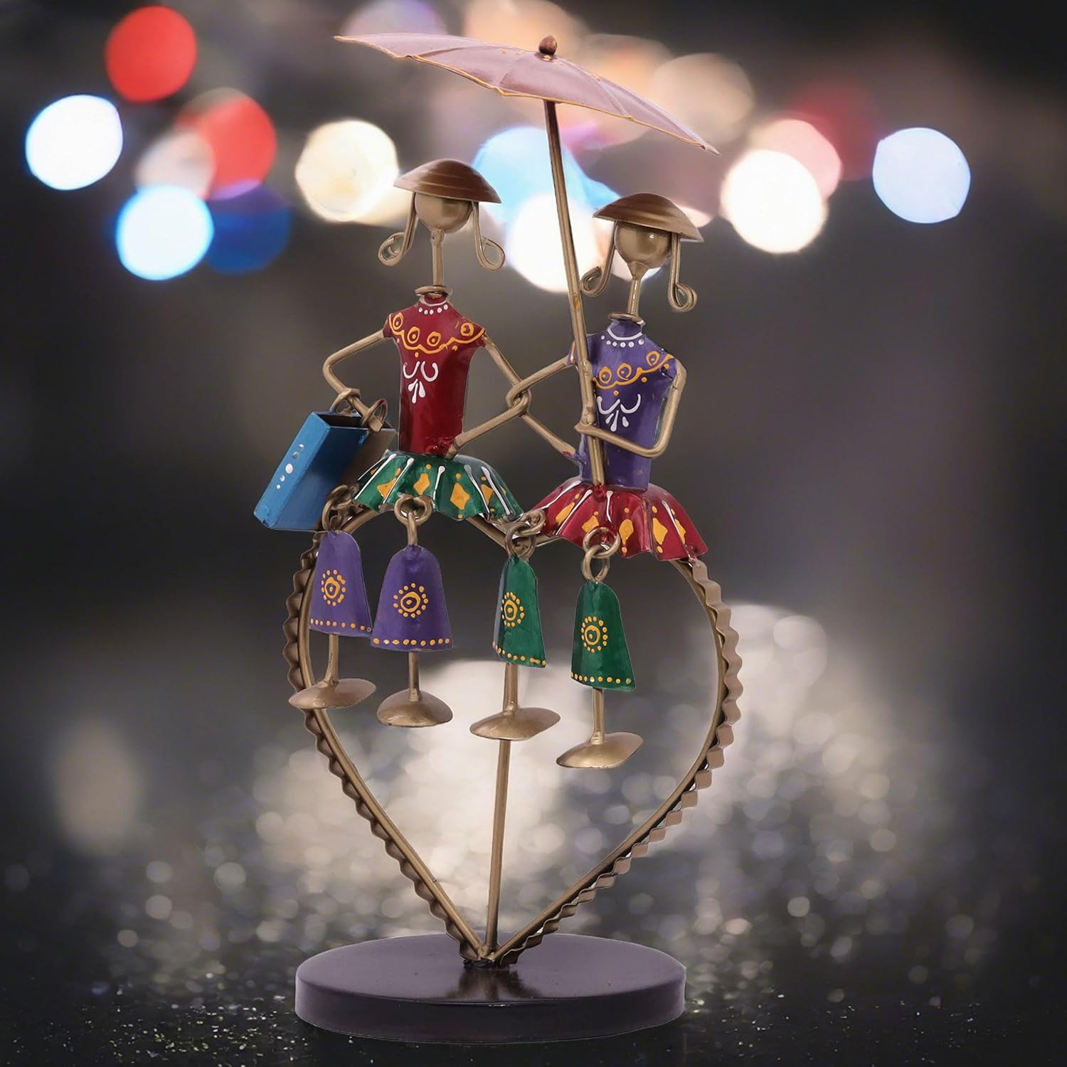 Valentine Couple Love Dolls Showpiece, Vibrant Colourful Iron Metal Two Doll with Umbrella on a Heart Stand Tabletop Home Decor Gift Set — photo — 6 of 9