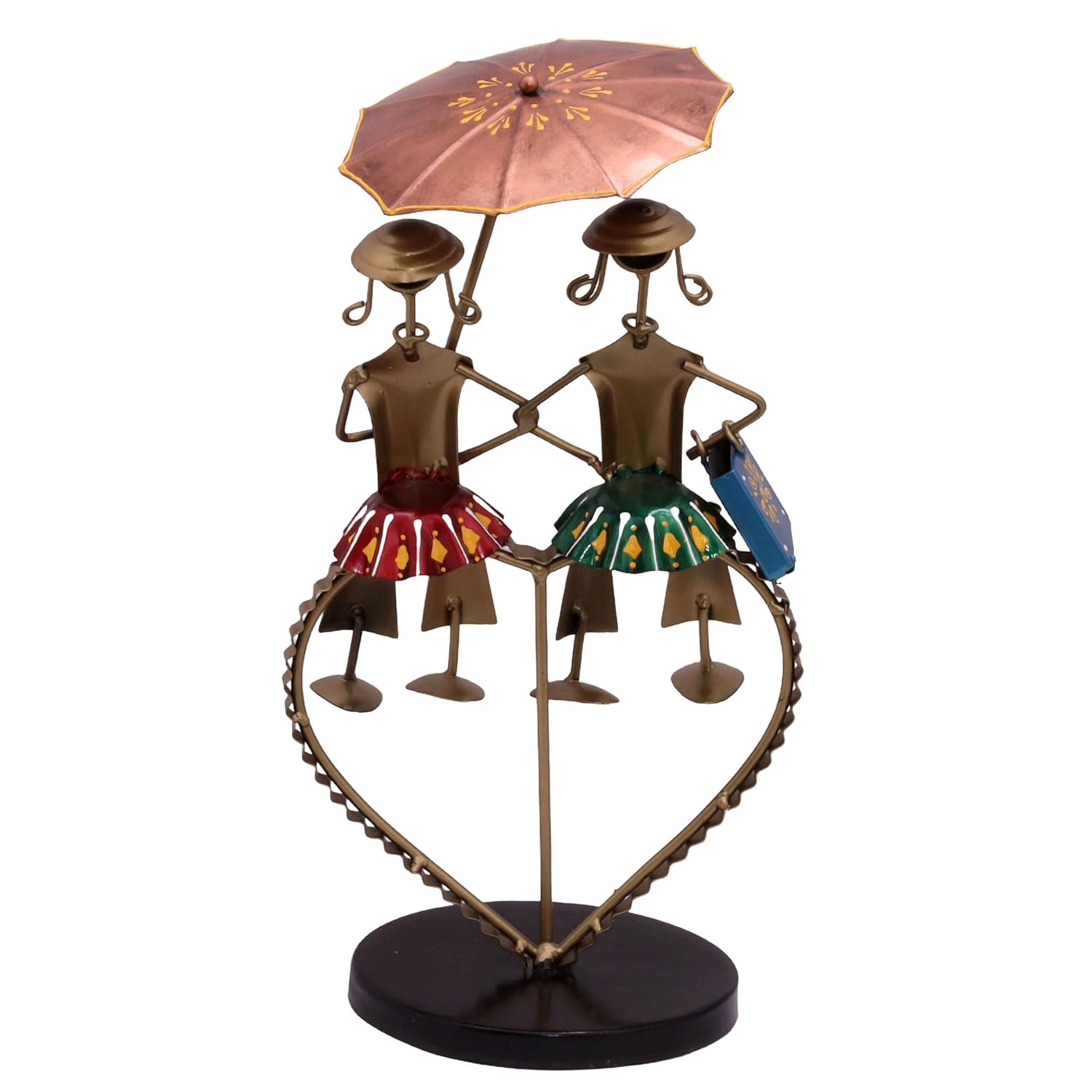 Valentine Couple Love Dolls Showpiece, Vibrant Colourful Iron Metal Two Doll with Umbrella on a Heart Stand Tabletop Home Decor Gift Set — photo — 9 of 9