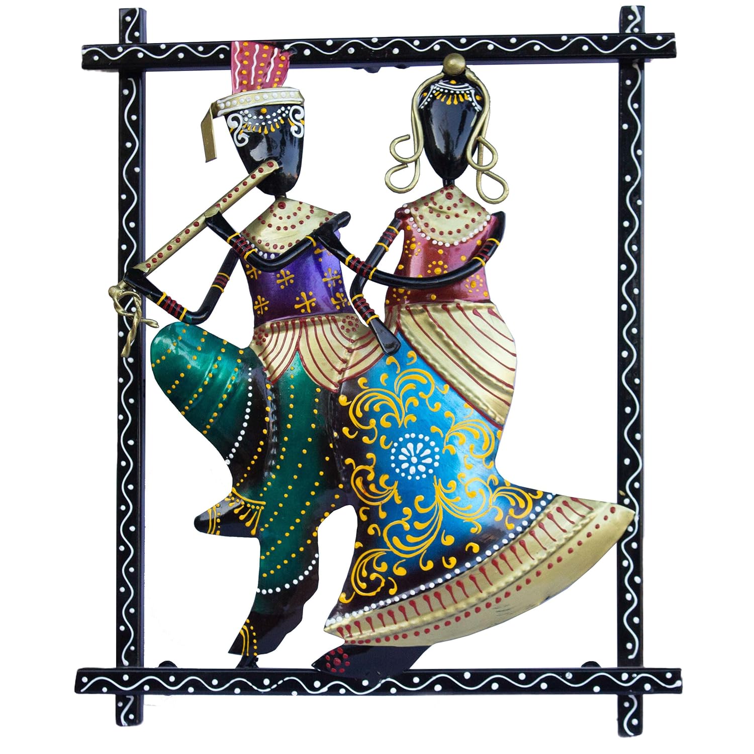 Radha Kishan Wall Hanging Showpiece, Vibrant Rajasthani Handpainted Wall Mount Frame of Lord Krishna with Flute and Radha (Krishna-Radha)