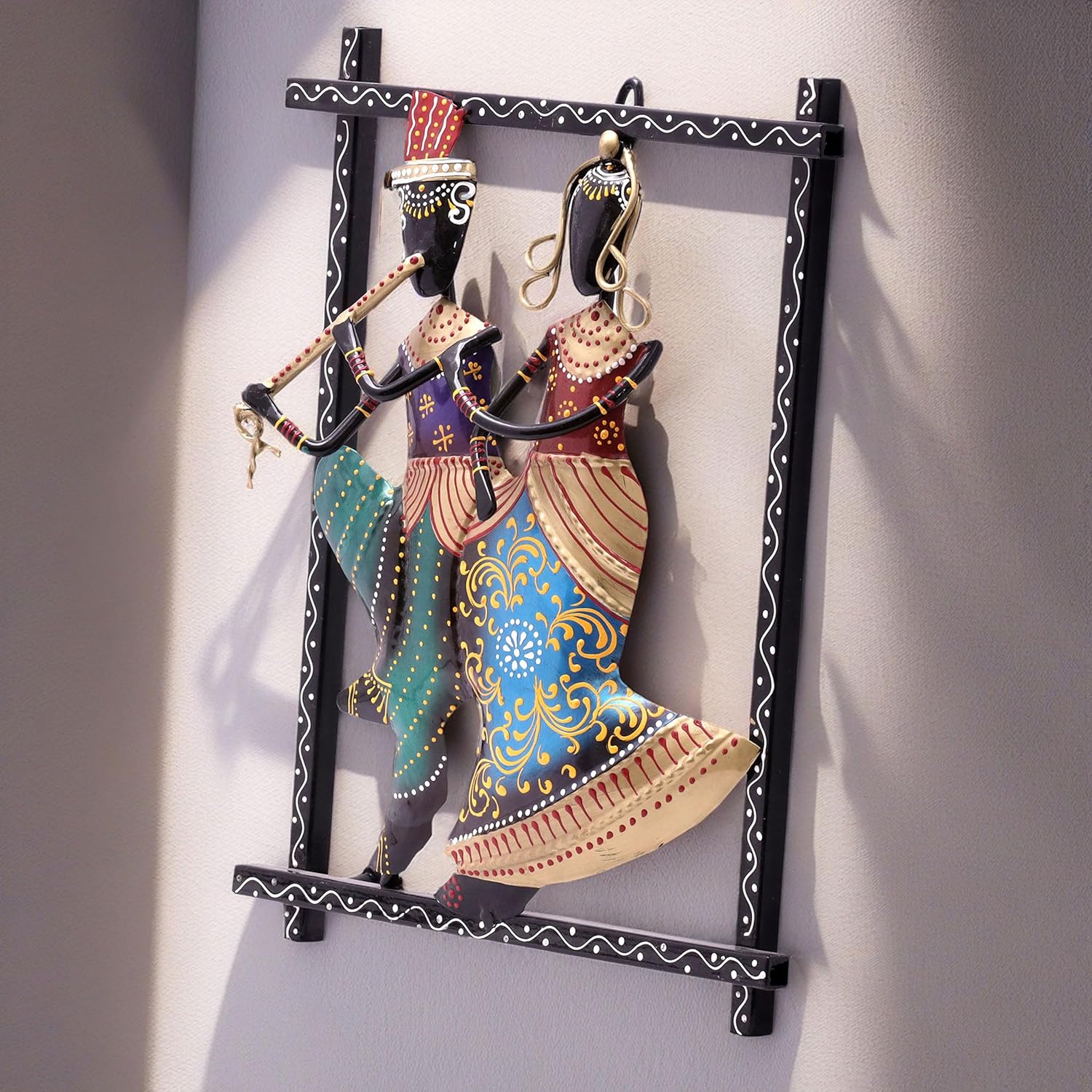 Radha Kishan Wall Hanging Showpiece, Vibrant Rajasthani Handpainted Wall Mount Frame of Lord Krishna with Flute and Radha (Krishna-Radha) — photo — 3 of 7