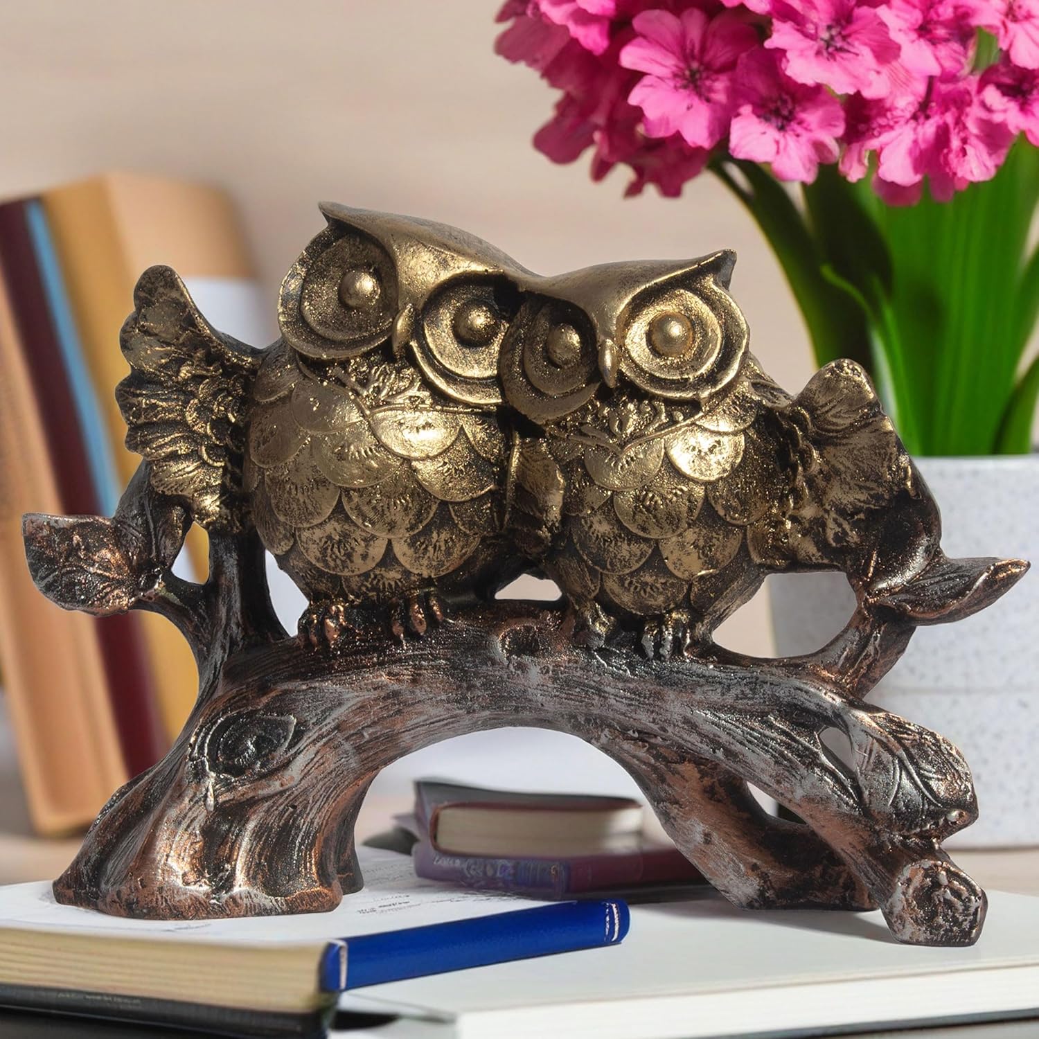 The Two Owls on a Bark Showpiece - Polyresin Owl Statue for Home, Living Room Decor, Study Table and Office (2 Owls on Branch) — photo — 3 of 8